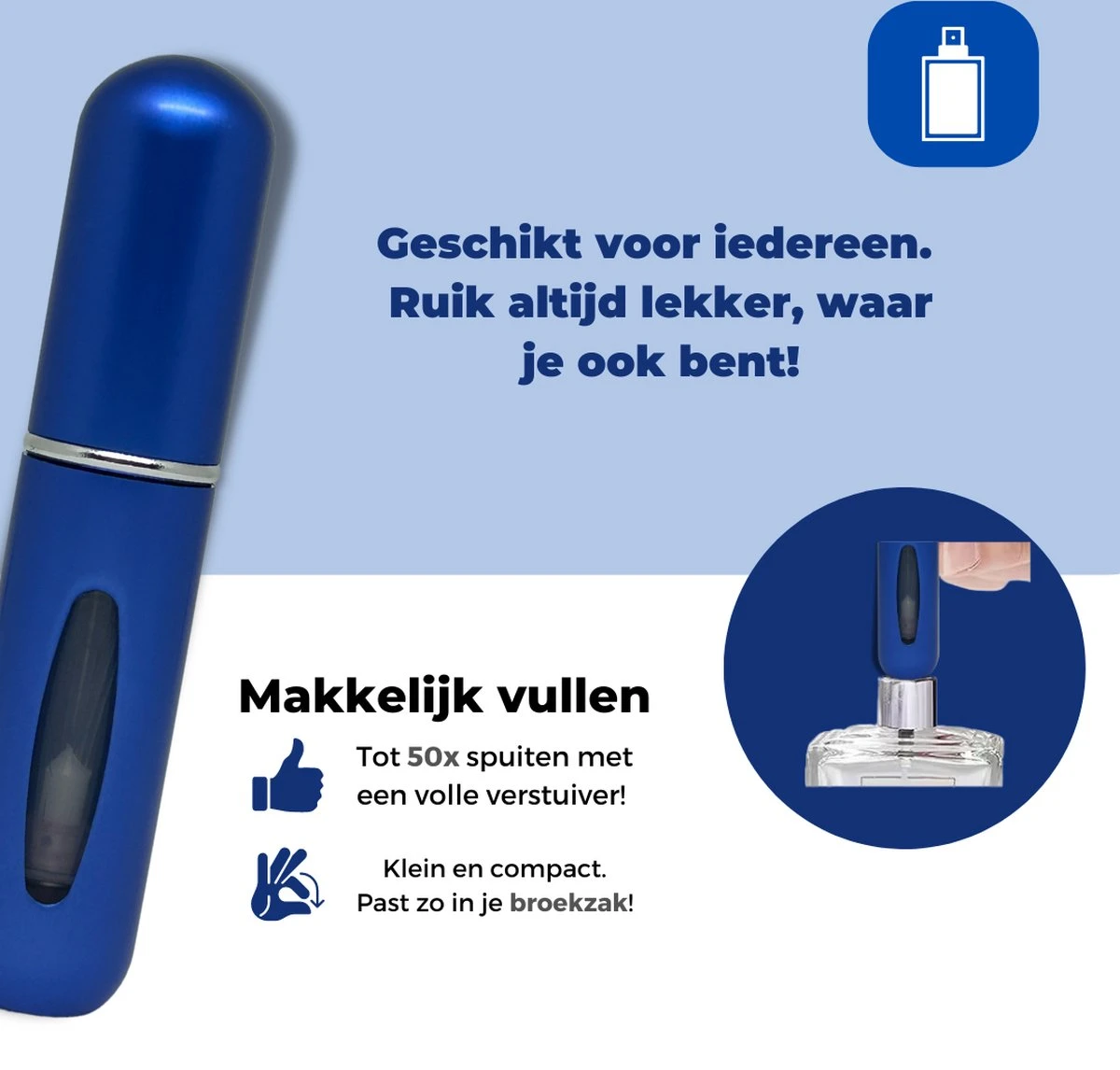 Cetins - Parfum Verstuiver Navulbaar - Mini Parfum Flesje - Reisflesje – Matt Blauw 7 Cetins - Parfum Verstuiver Navulbaar - Mini Parfum Flesje - Reisflesje – Matt Blauw - Afbeelding 5